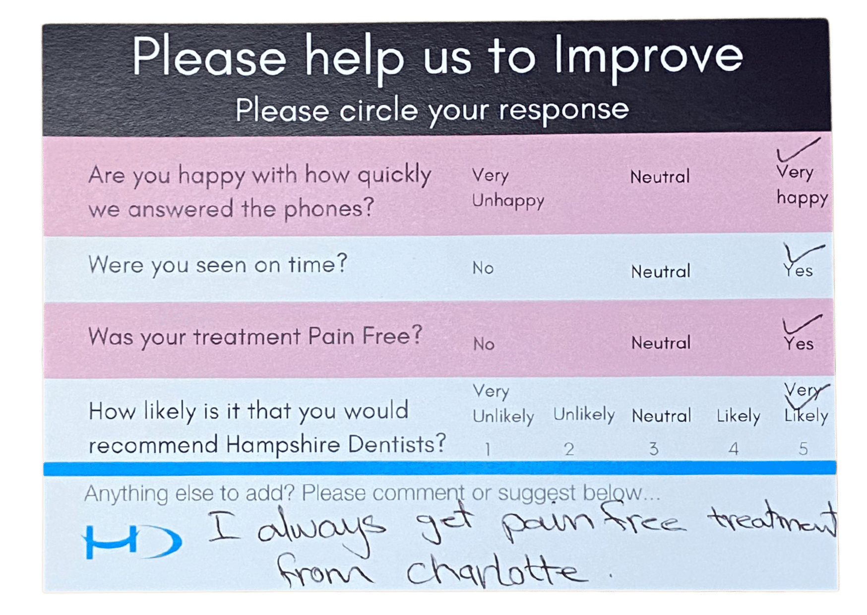 Nervous Patients - Hampshire Dentists Pain Free Dentist in Southampton Patient feedback survey showcasing positive review: "Pain free care" noted by a nervous patient during their appointment.
