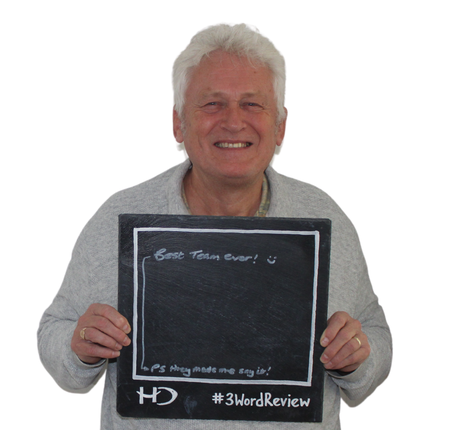 Patient posing 3 words that reflect their experience of the care provided by Hampshire Dentists