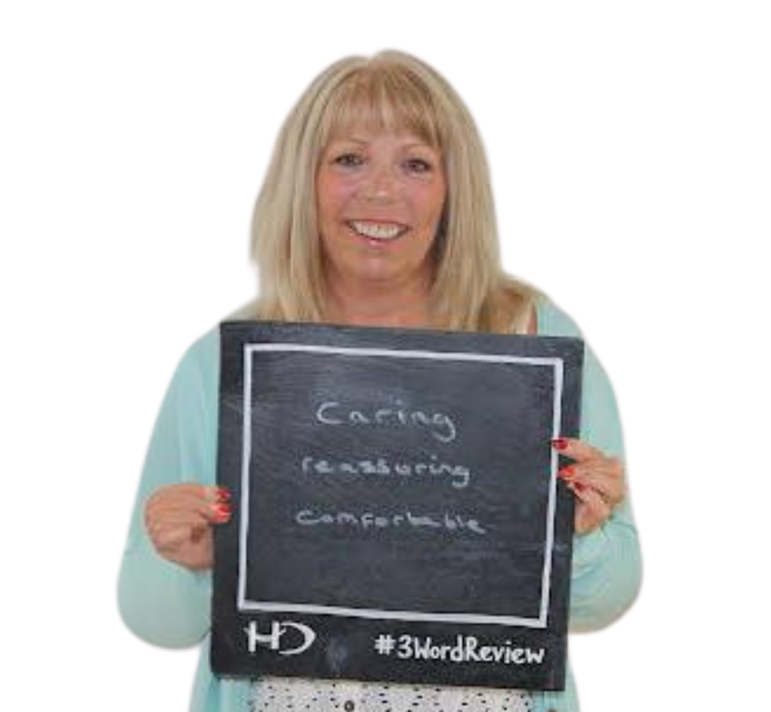 Patient posing 3 words that reflect their experience of the care provided by Hampshire Dentists