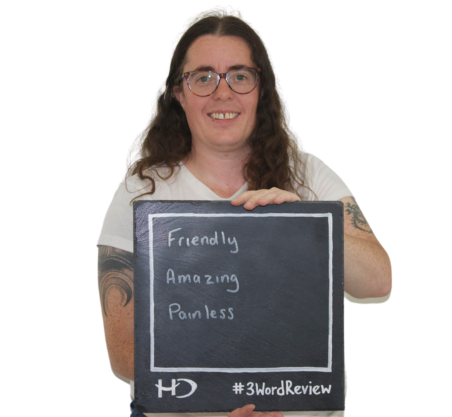 Patient posing 3 words that reflect their experience of the care provided by Hampshire Dentists