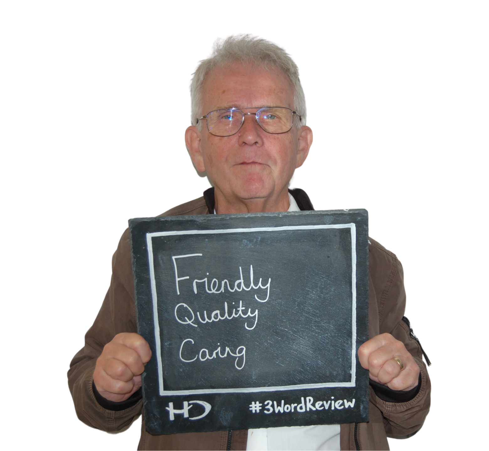 Patient posing 3 words that reflect their experience of the care provided by Hampshire Dentists