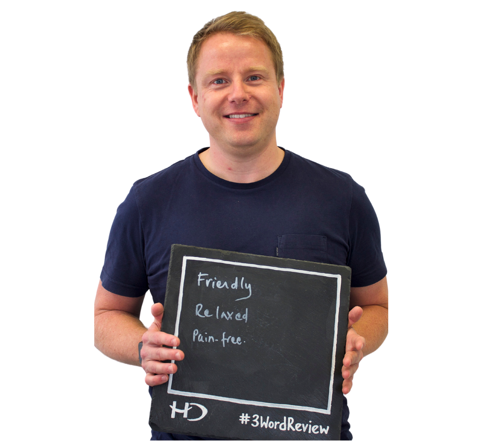 Patient posing 3 words that reflect their experience of the care provided by Hampshire Dentists