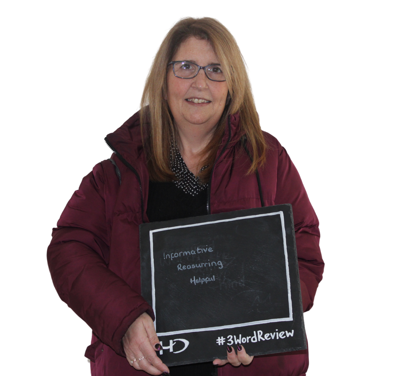 Patient posing 3 words that reflect their experience of the care provided by Hampshire Dentists