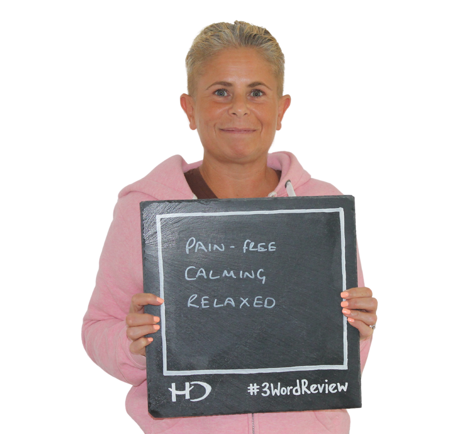 Patient posing 3 words that reflect their experience of the care provided by Hampshire Dentists