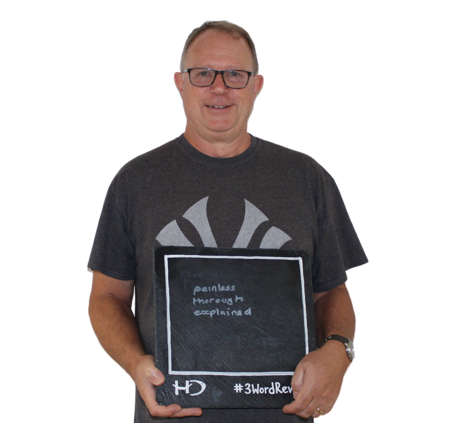 Patient posing 3 words that reflect their experience of the care provided by Hampshire Dentists