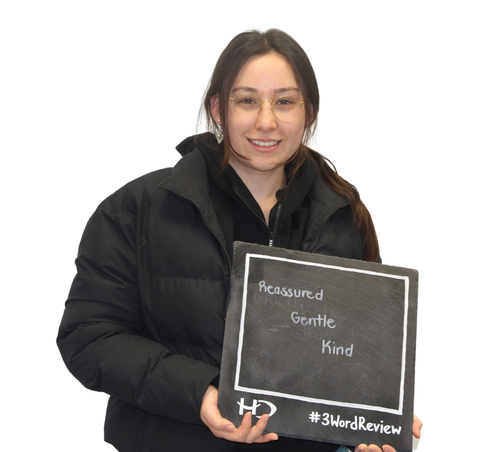 Patient posing 3 words that reflect their experience of the care provided by Hampshire Dentists