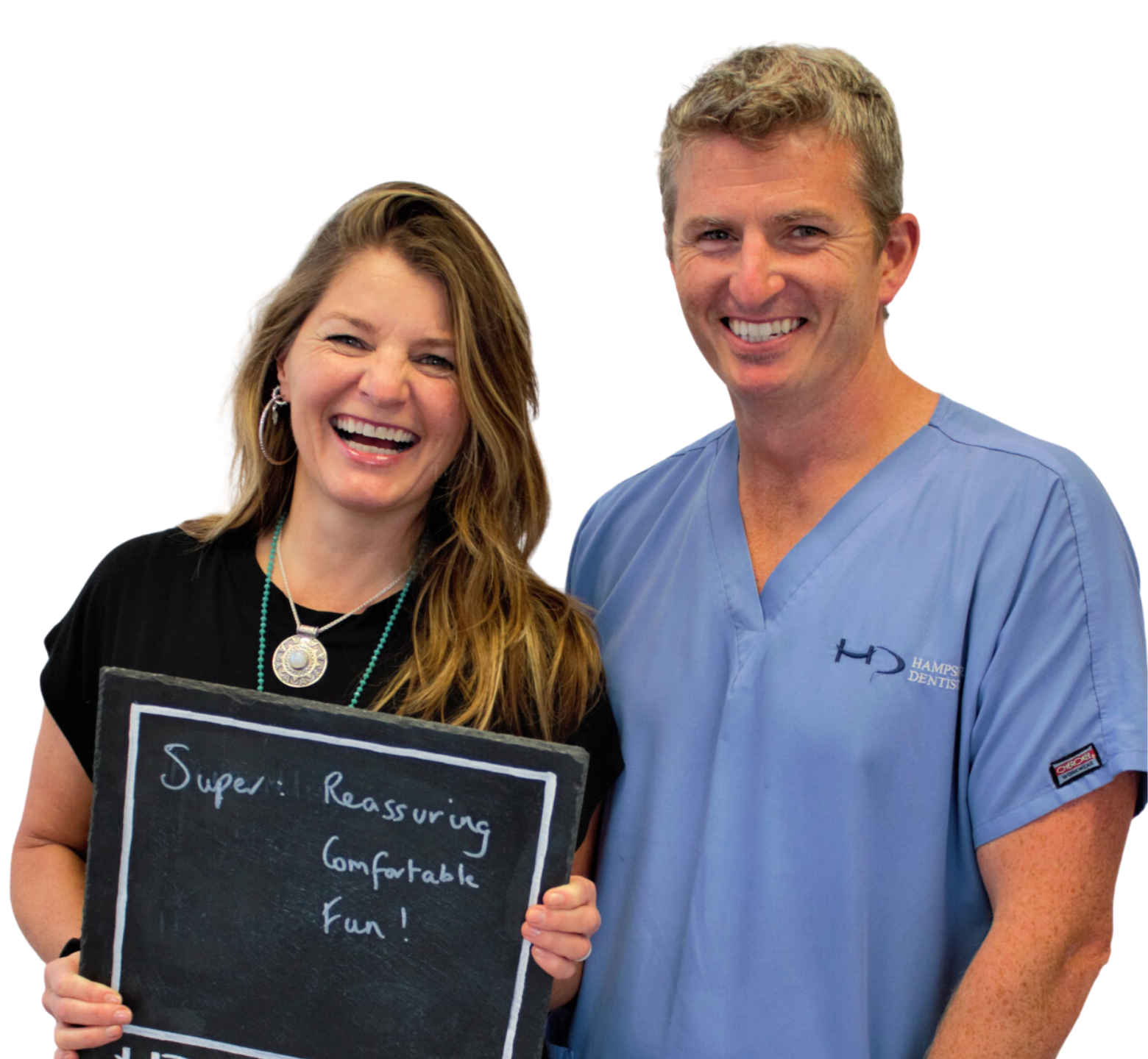 Patient posing 3 words that reflect their experience of the care provided by Hampshire Dentists