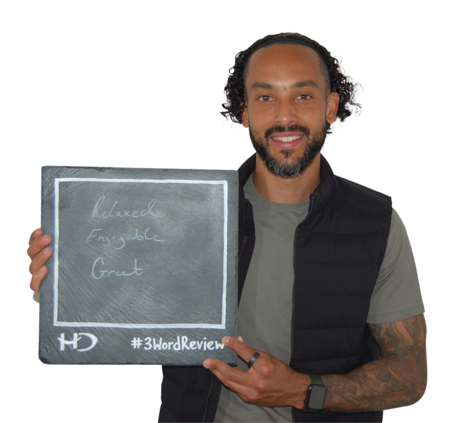 Patient posing 3 words that reflect their experience of the care provided by Hampshire Dentists