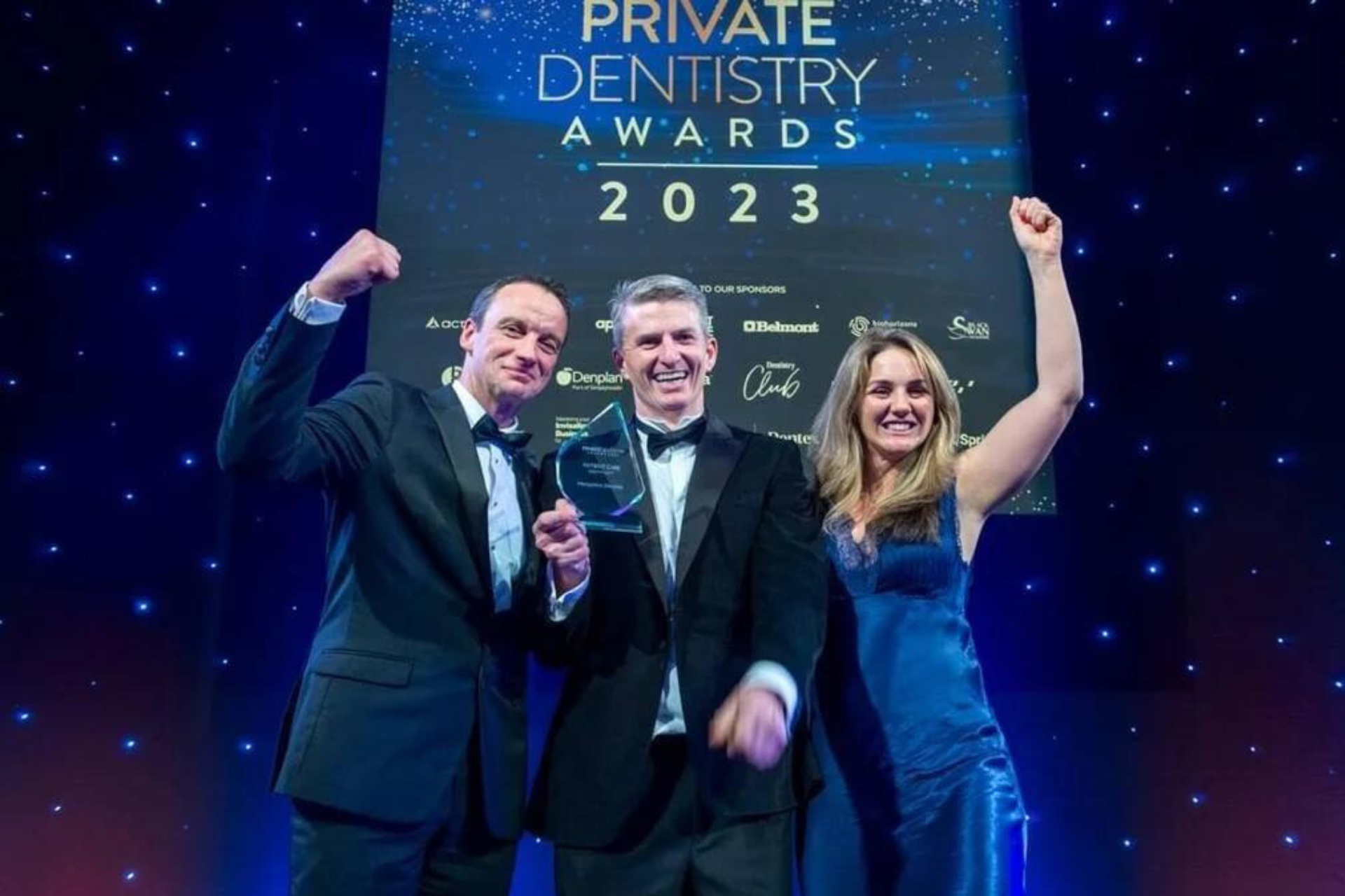 Dr Robin Hanna and Jill Hanna accepting Private Dentistry Award in 2023 for Patient Care south east